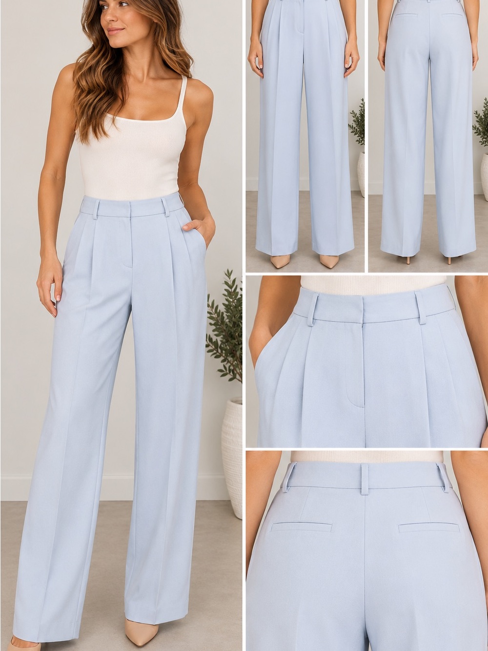 Zara Pale Blue Wide-Leg Pleated Trousers
